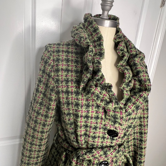 Zsa Zsa Plaid Tweed Blazer Jacket Ruffle Green Pink Size Small - Picture 2 of 10